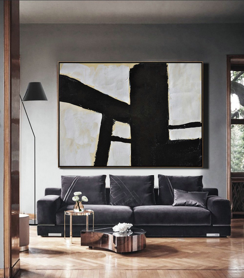 Abstract Art Decor Large Canvas Painting,Horizontal Palette Knife Minimal Canvas Art Painting Black White Beige - Canvas Wall Art Home Decor